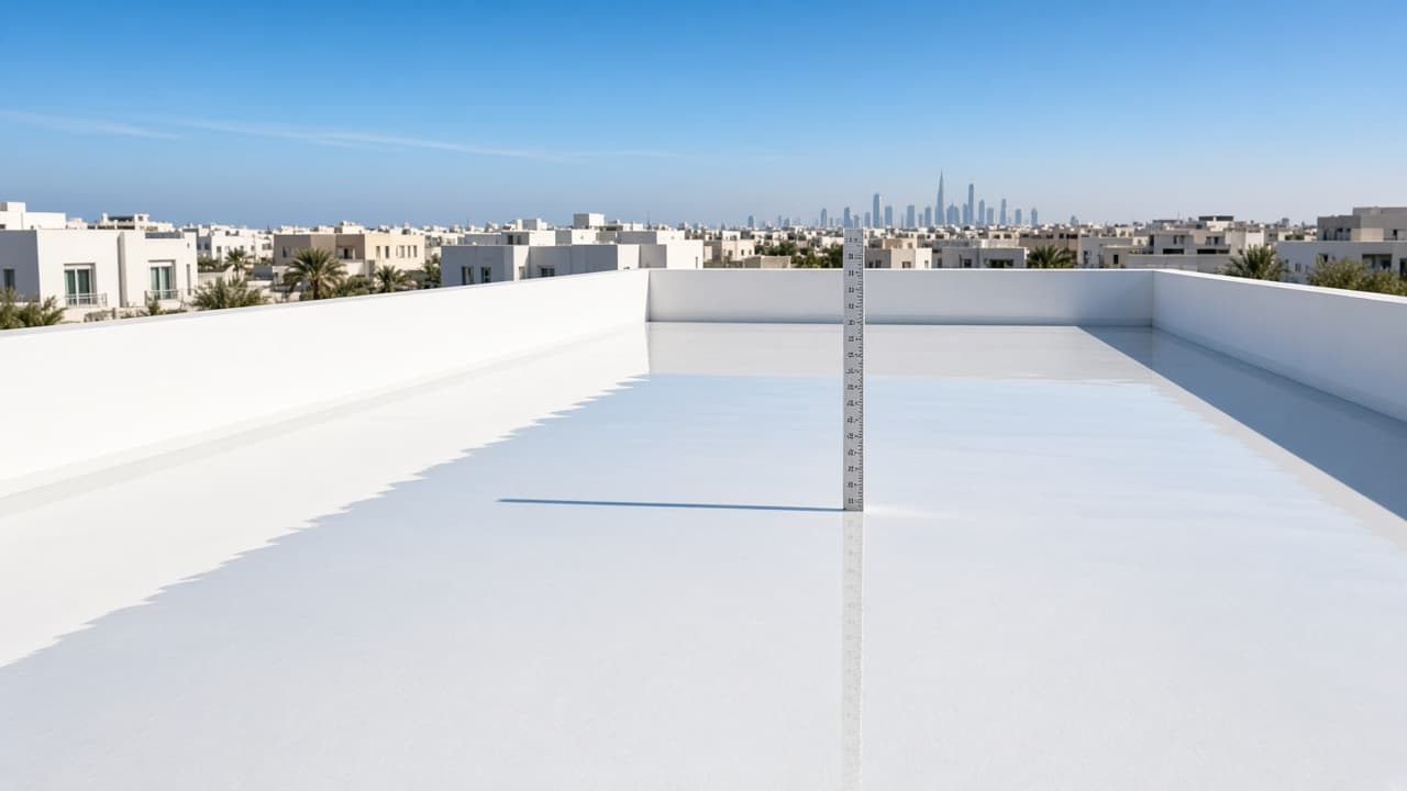 Illustrative flood test on a cool-white sealed villa roof