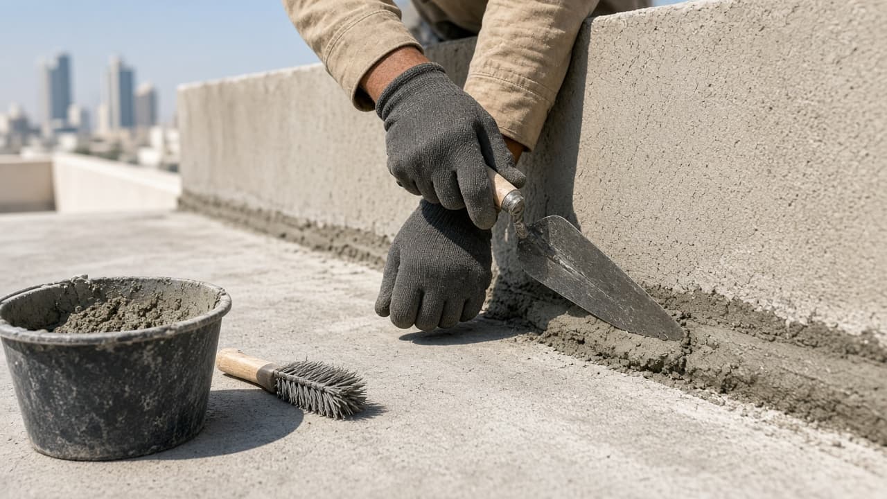 Illustrative substrate repair with trowel on a villa roof